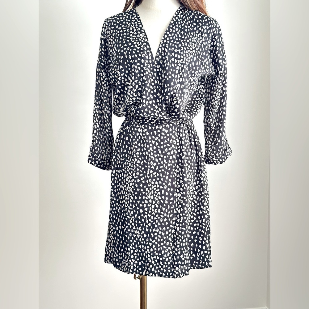 Office Dress,  black & cream print long sleeve, wrap dress by Love Stitch